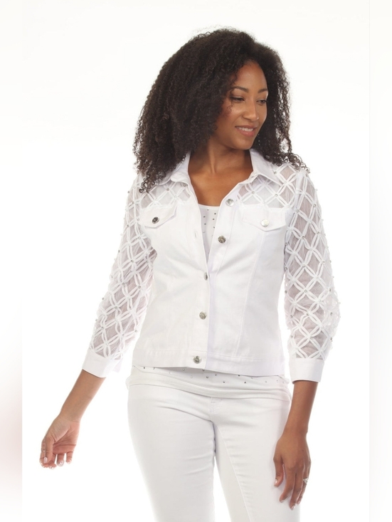 azi  . Jackets & Blazers - NWT AZI "Renee" White Denim JacketLace Sheer Sleeves Stretch Sz M